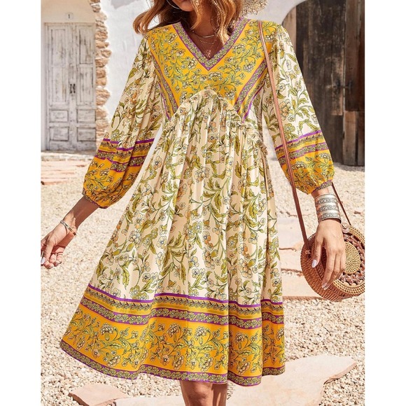 BTFBM Dresses & Skirts - BTFBM Floral Boho Midi Dress Women M V-Neck Balloon Sleeve Peasant Festival Folk